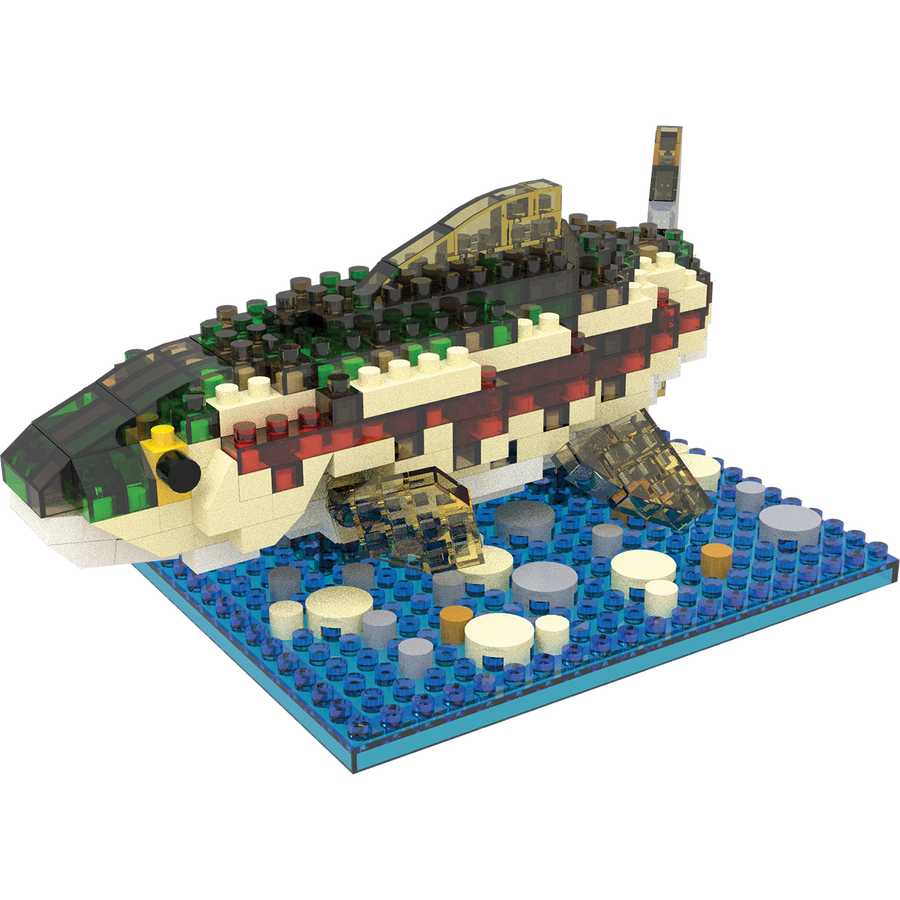 Miniature fishing sport building blocks collection featuring Bass, Catfish, Rainbow Trout, and Death Valley Devils Hole Pupfish.