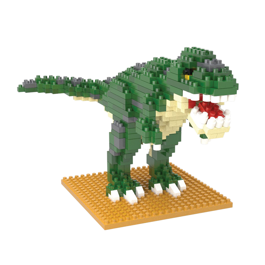 Collection of mini building block sets featuring prehistoric creatures, including T-Rex, Woolly Mammoth, Stegosaurus, Triceratops, and more.