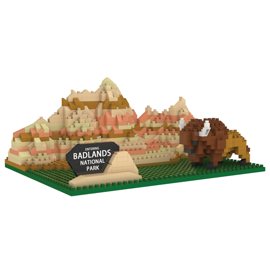 Collection of mini building block sets featuring America's scenic landmarks, including Half Dome, Volcanoes, Florida and Hawaii beaches, Mt Rainier, Badlands, Monument Valley, and more.