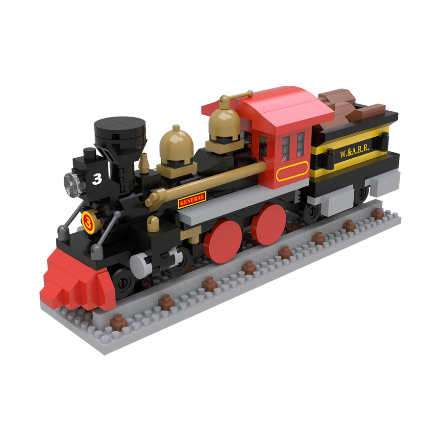 Miniature trains building blocks collection featuring 4-4-0 Steam Locomotive and Alaska Railroad - Yellow/Black Engine.