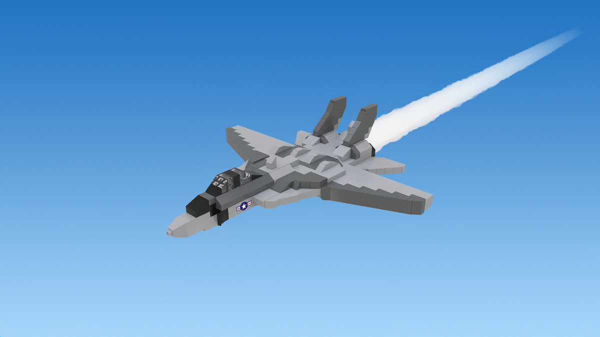 Fighter Jet Mini Block set flying through blue sky with a jet stream trail behind it