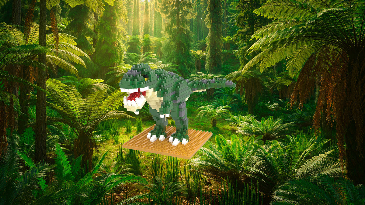 Tyrannosaurus rex mini block set in jurassic jungle setting